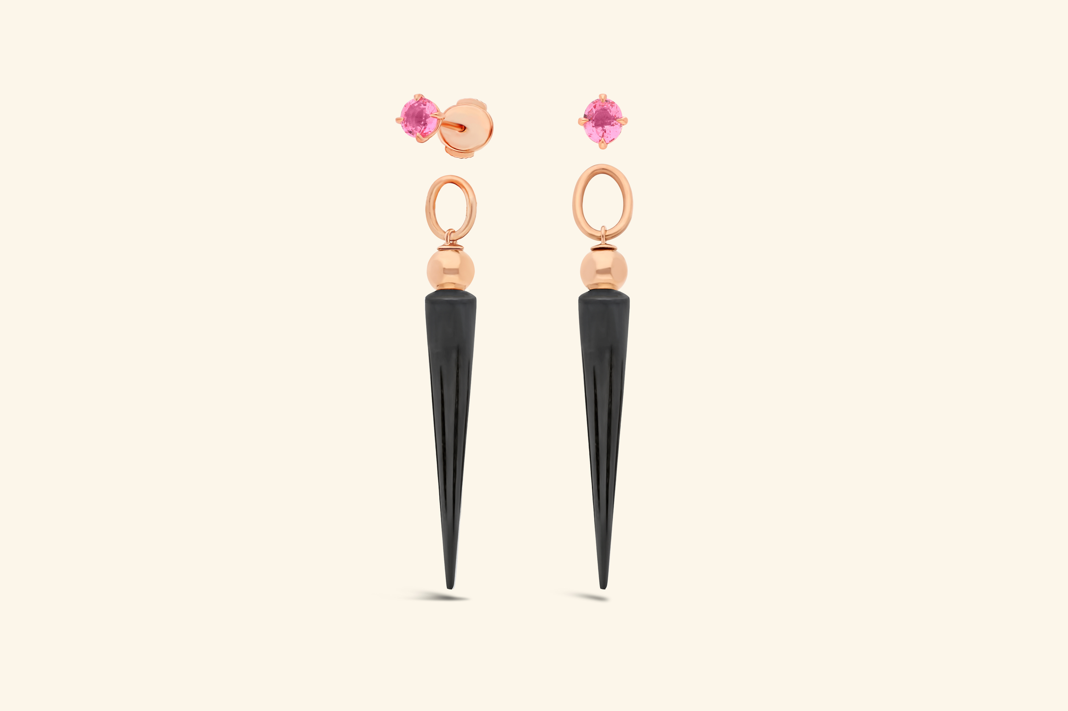 Boucles d'oreilles Pampille, or rose, argent noirci, spinelles roses