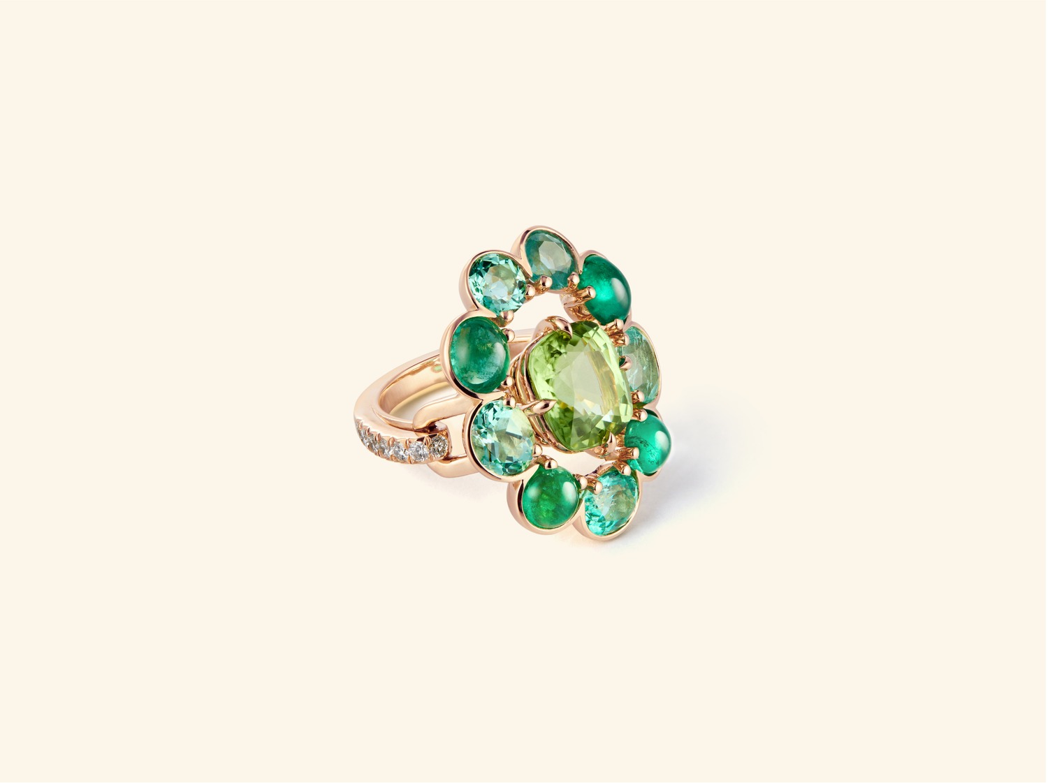 Multicolor Frame ring, yellow gold, green beryls, emeralds, diamonds, peridot