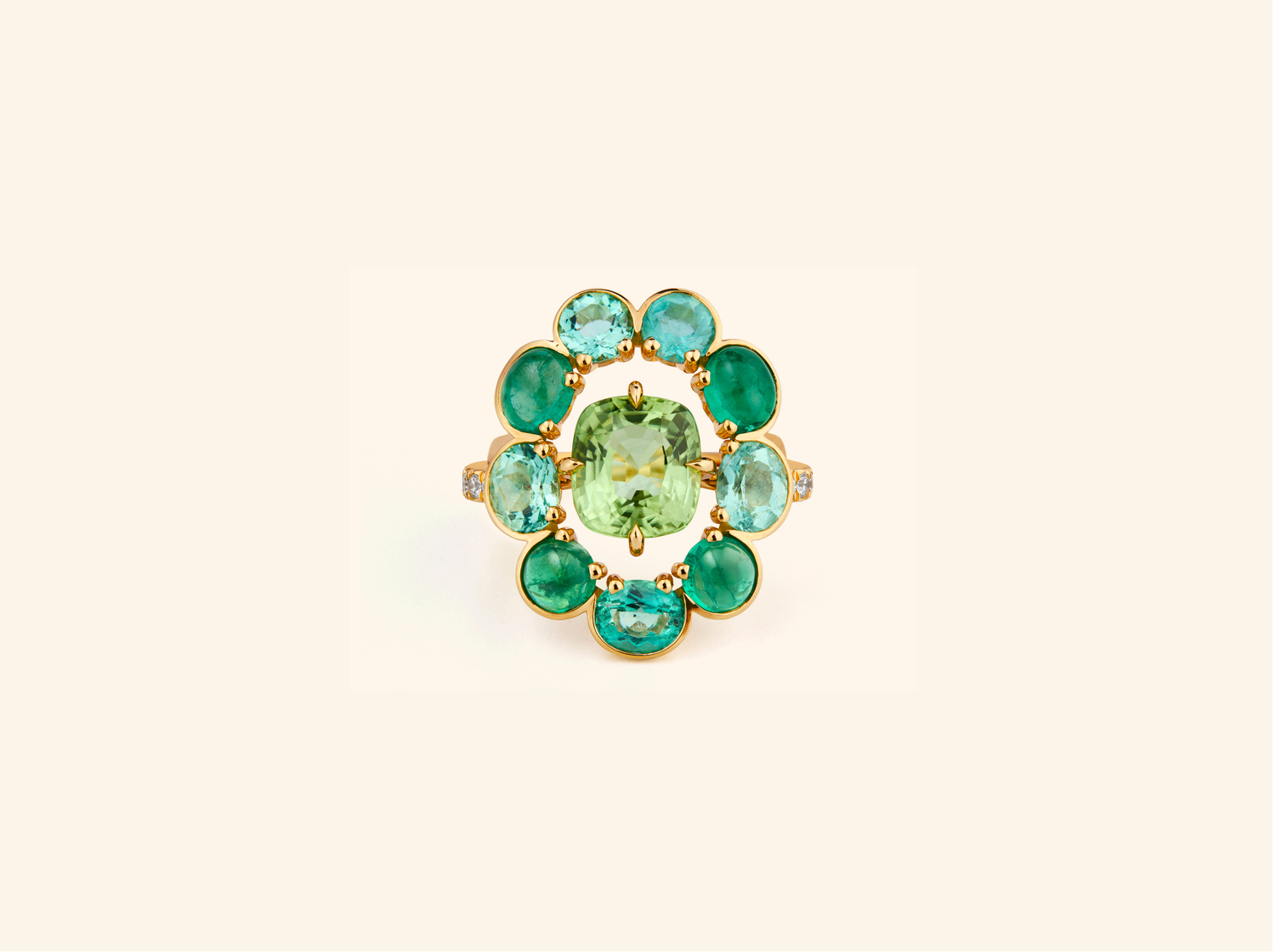 Multicolor Frame ring, yellow gold, green beryls, emeralds, diamonds, peridot