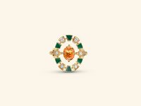 Frame ring, yellow gold, green lacquer, diamonds, mandarin garnet