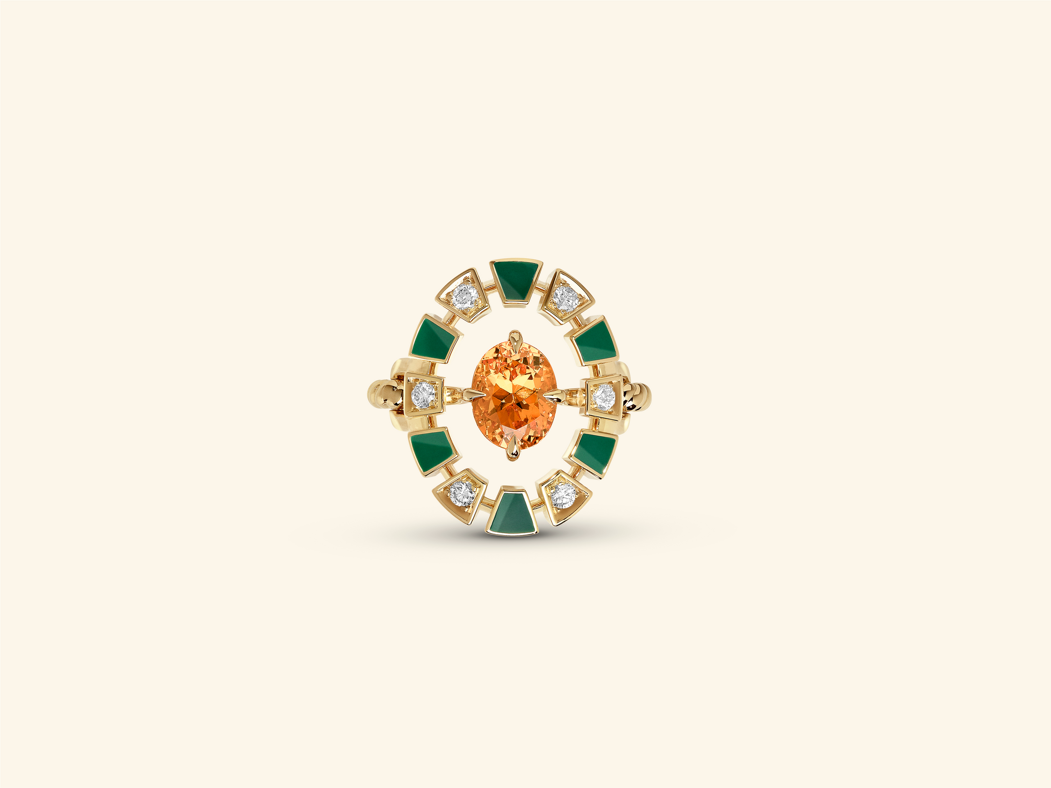 Bague Frame, or jaune, céramique verte, diamants, grenat mandarin