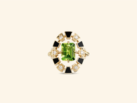 Frame ring, yellow gold, black lacquer, diamonds, peridot