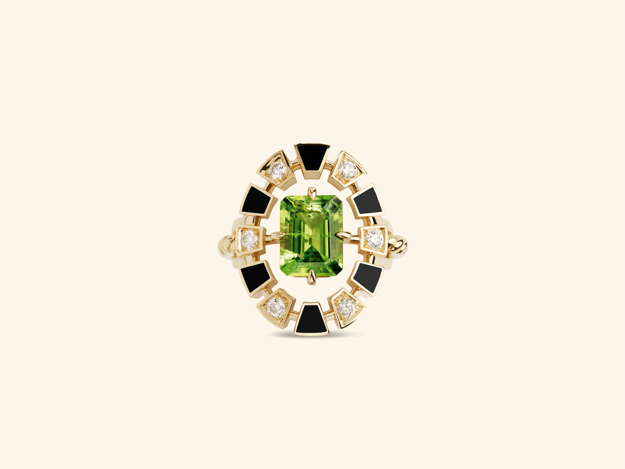 Bague Frame, or jaune, céramique noire, diamants, péridot