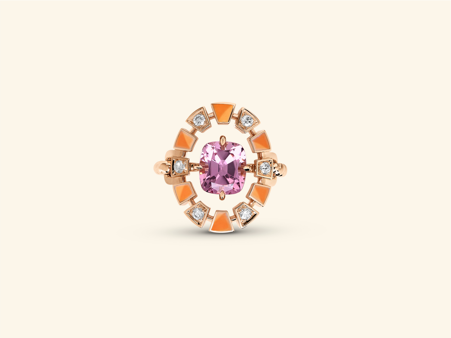 Frame ring, rose gold, orange lacquer, diamonds, pink tourmaline