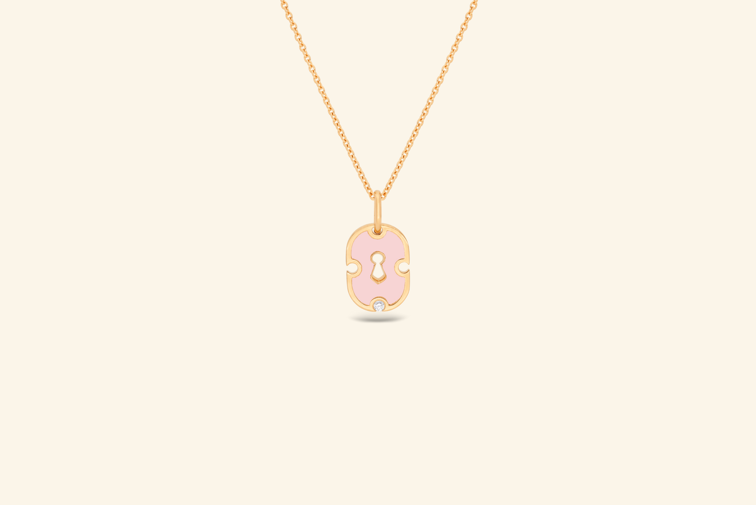 Unlock pendant, small model, yellow gold, pink ceramic, diamond