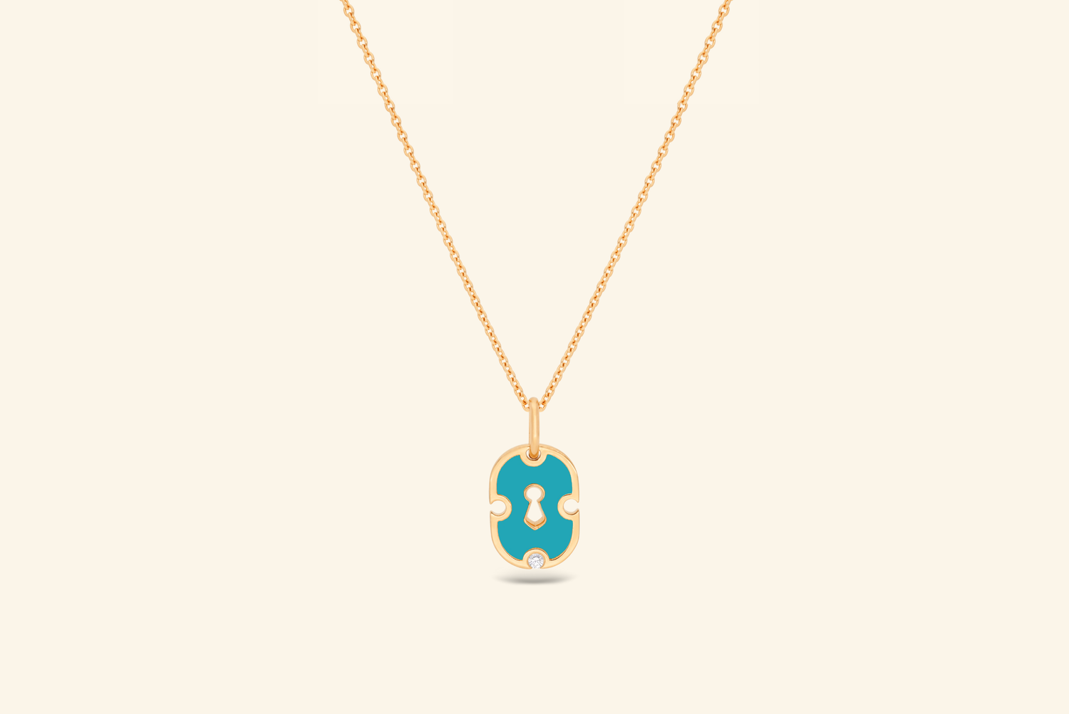 Unlock pendant, small model, yellow gold, turquoise ceramic, diamond