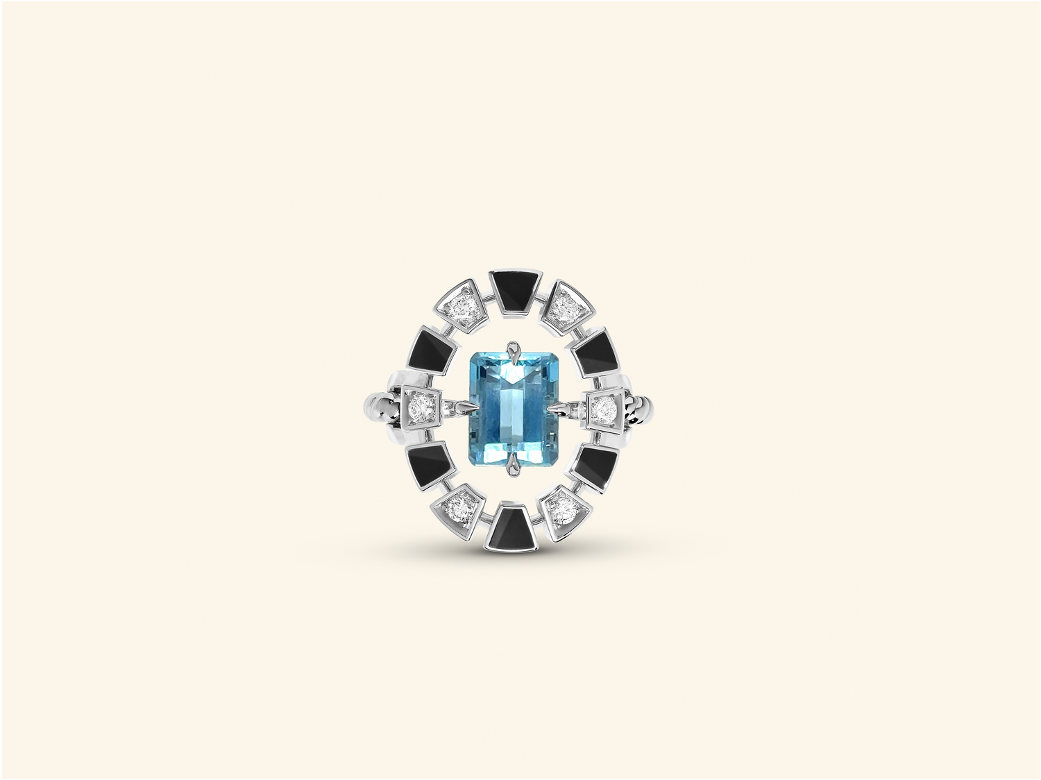 Bague Frame, or blanc, céramique noire, diamants, aigue-marine