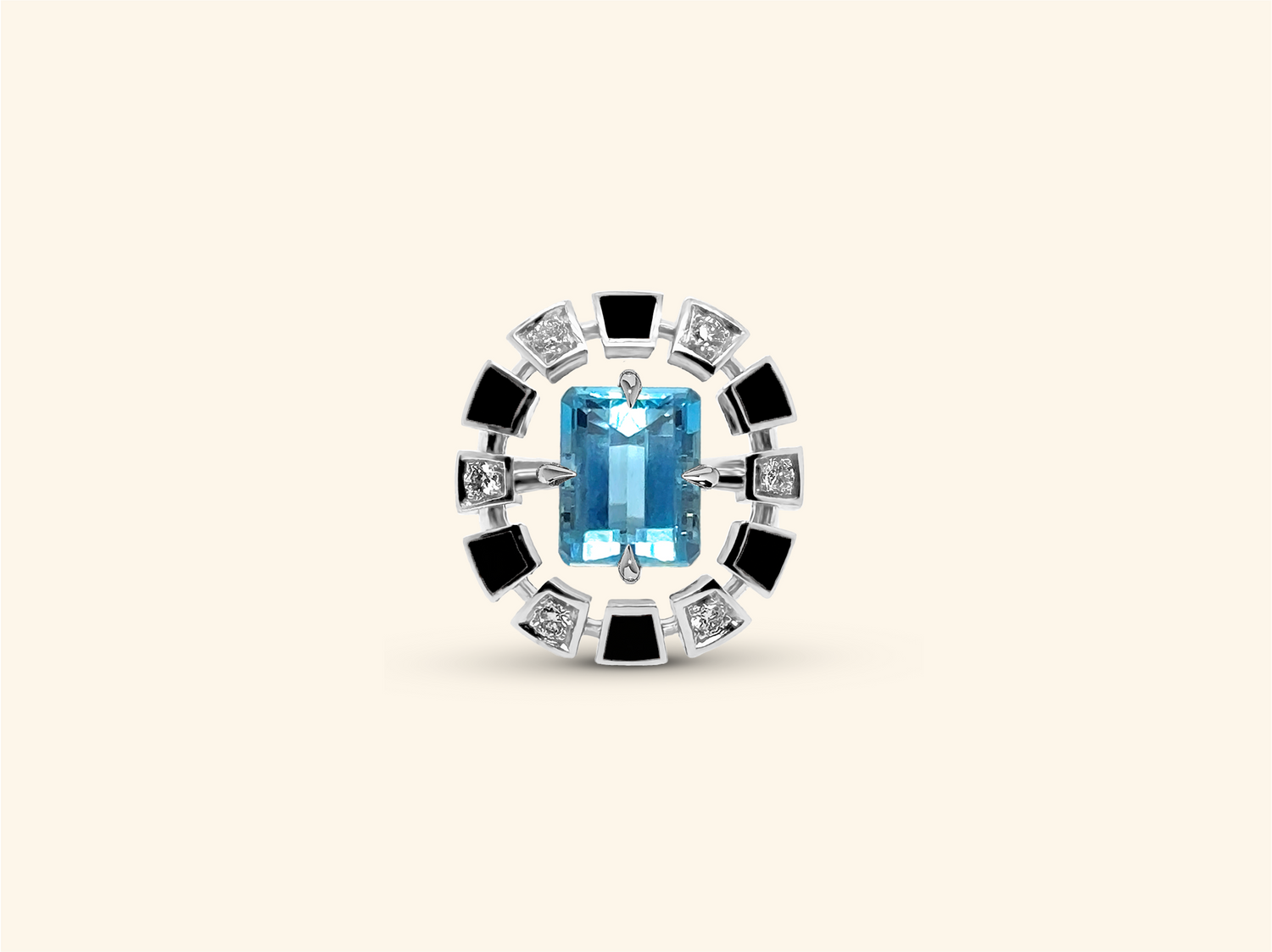 Round Frame ring, white gold, black lacquer, diamonds, aquamarine