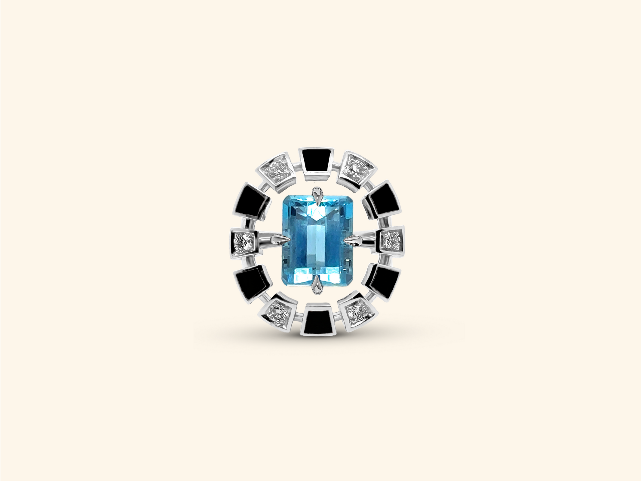 Bague Frame ronde, or blanc, céramique noire, diamants, aigue-marine