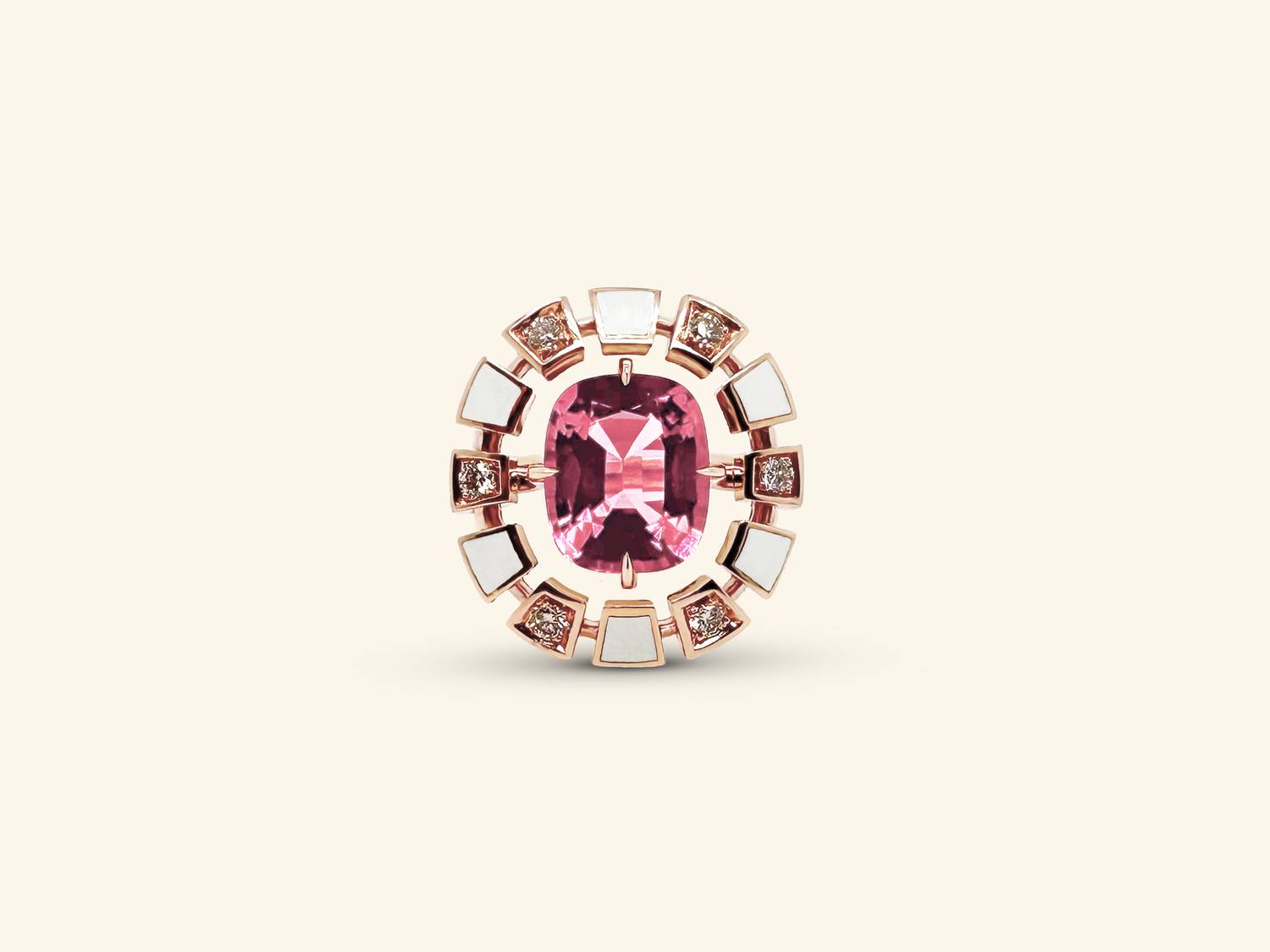 Round Frame ring, rose gold, white lacquer, diamonds, pink tourmaline
