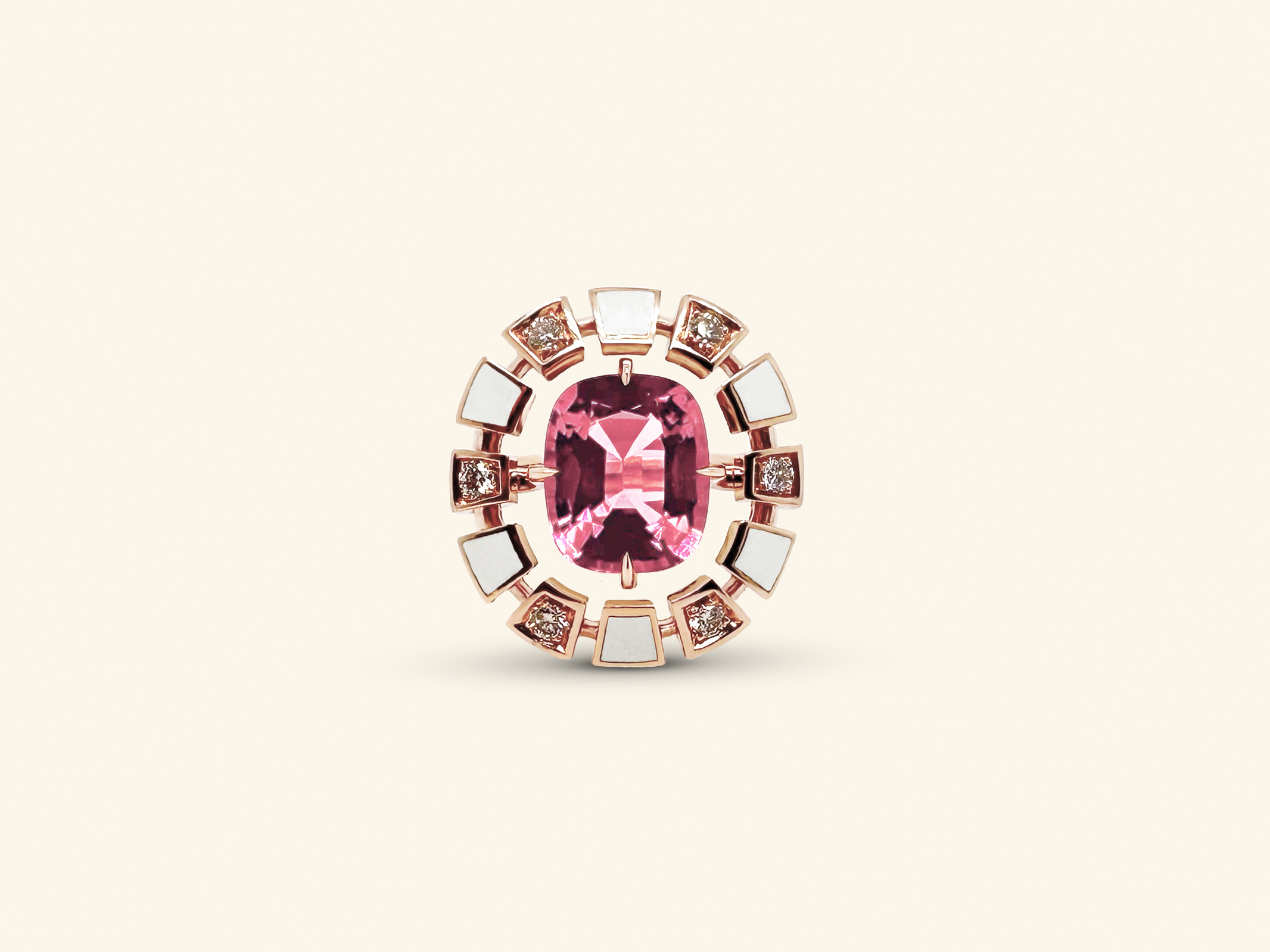 Bague Frame ronde, or rose, céramique blanche, diamants, tourmaline rose
