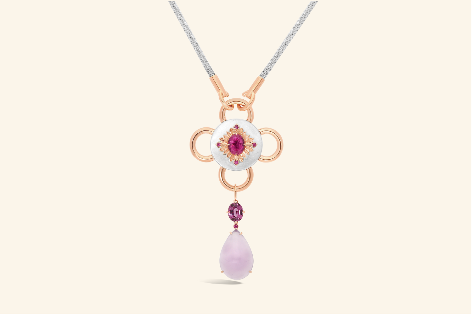 Bolt necklace, silver, rose gold, pink tourmaline, chalcedony, garnet, pink sapphires