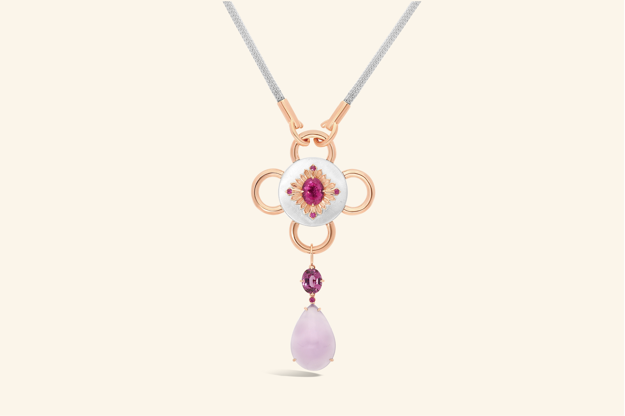 Collier Bolt, argent, or rose, tourmaline rose, calcédoine, grenat, saphirs roses
