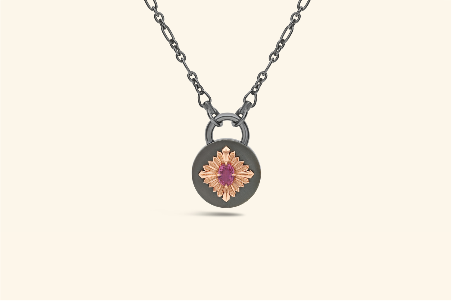 Tag necklace, blackened silver, rose gold, pink sapphire