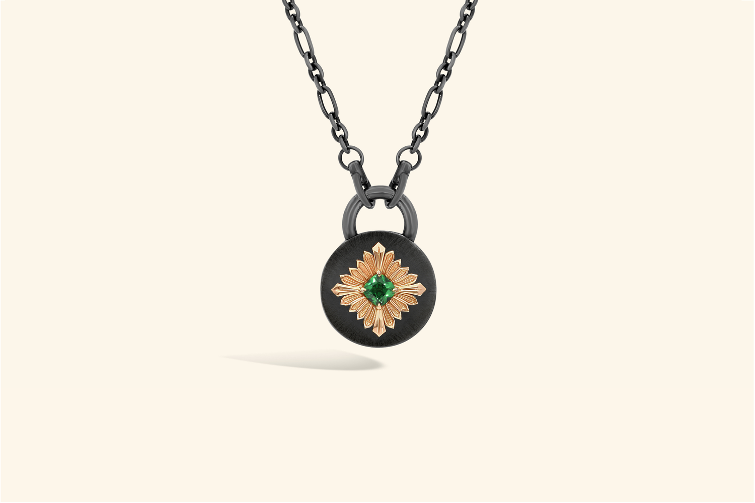Tag necklace, blackened silver, rose gold, tsavorite