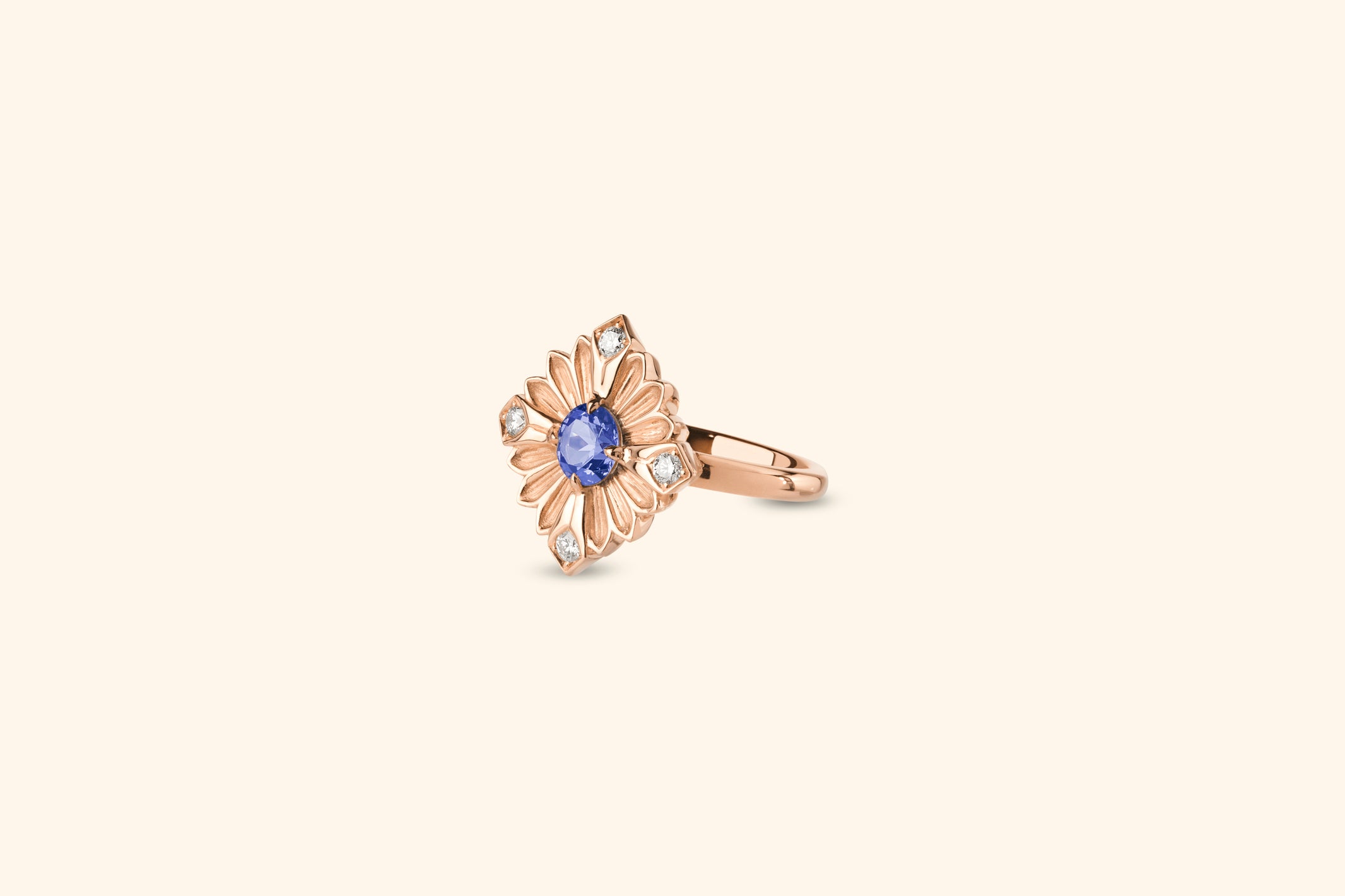 Bague Stamp grand modèle, or rose, diamants, tanzanite