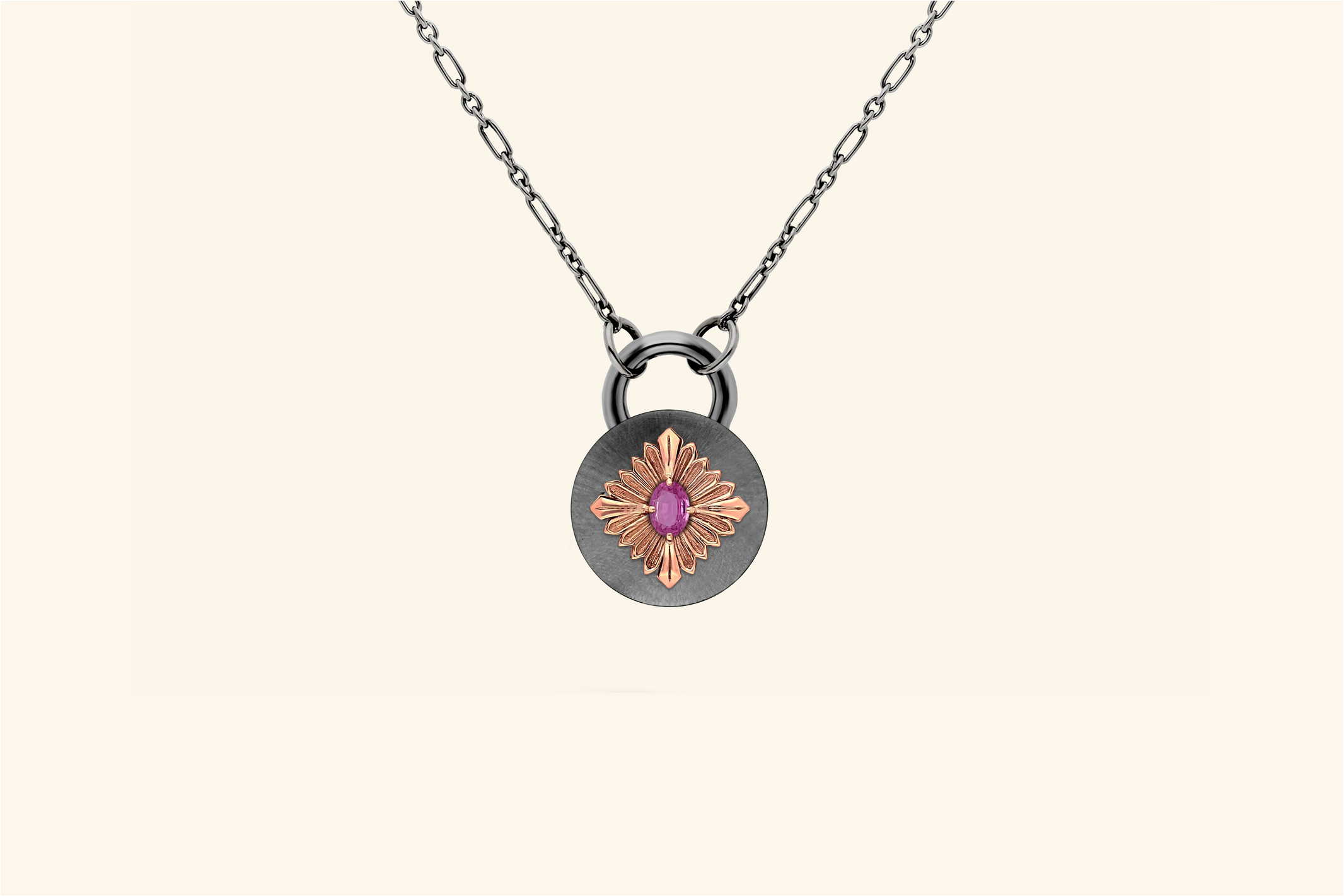 Tag necklace, blackened silver, rose gold, pink sapphire