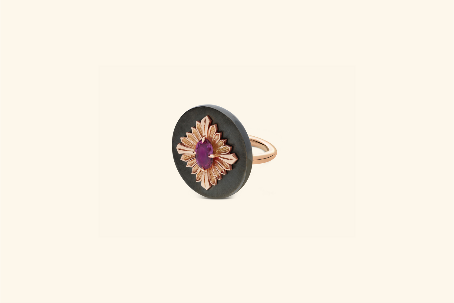 Tag ring, blackened silver, rose gold, pink sapphire