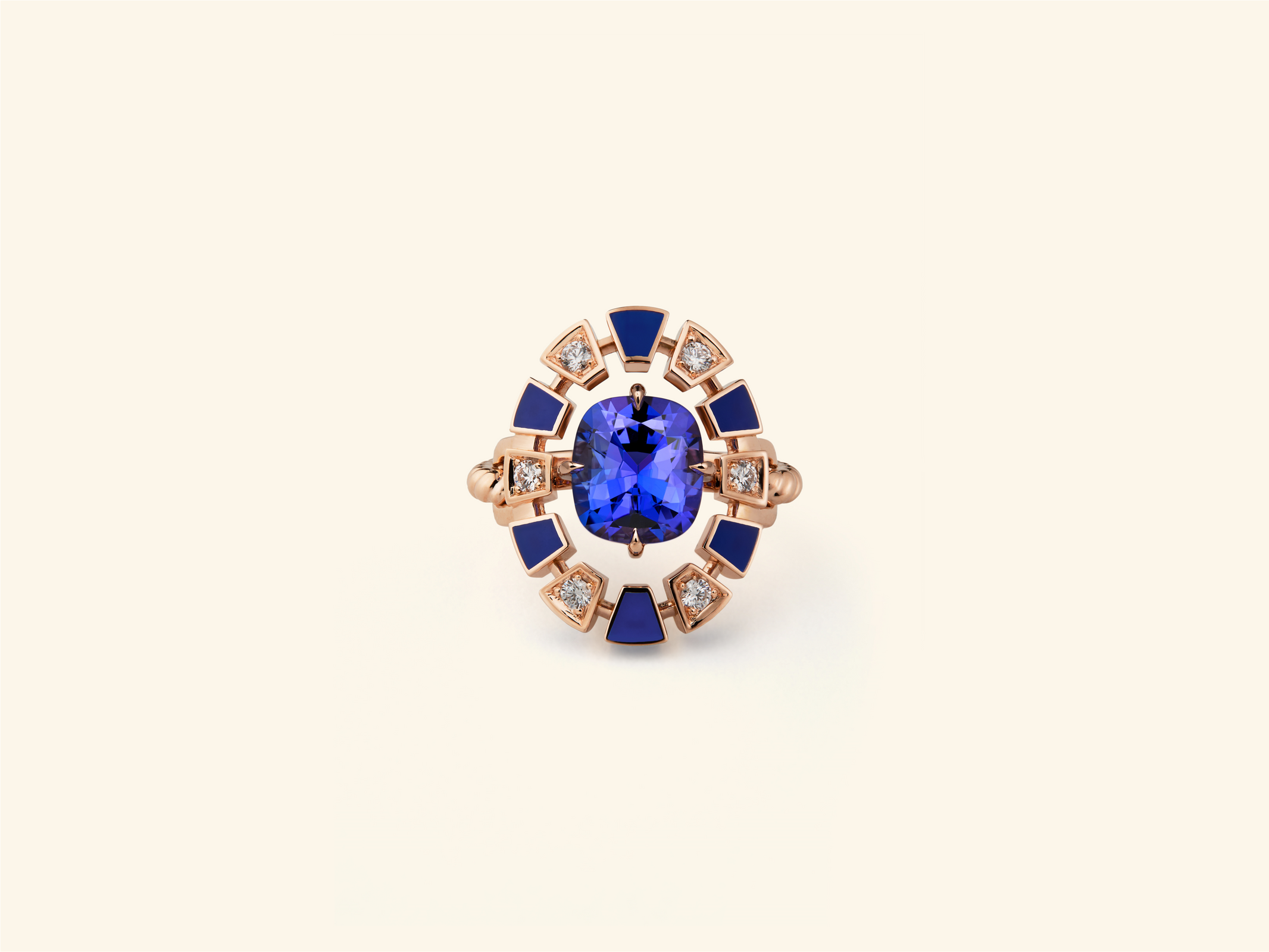 Bague Frame ronde, or rose, céramique bleue, diamants, tanzanite