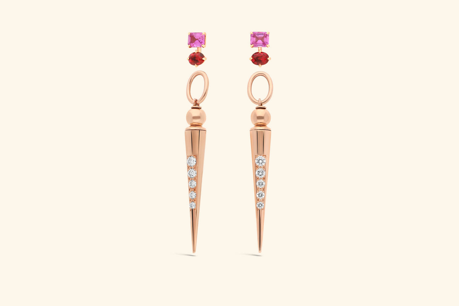 Boucle d'oreille Pampille et stud, or rose, spinelles, diamants