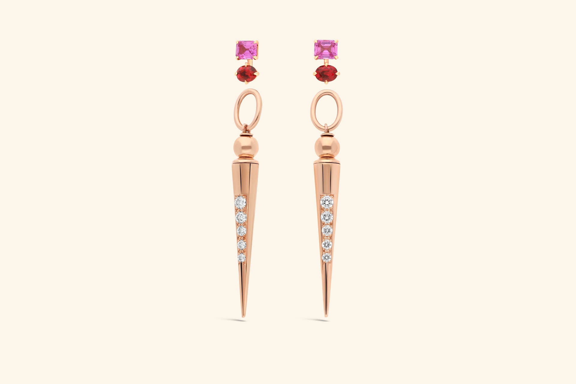 Boucle d'oreille Pampille et stud, or rose, spinelles, diamants