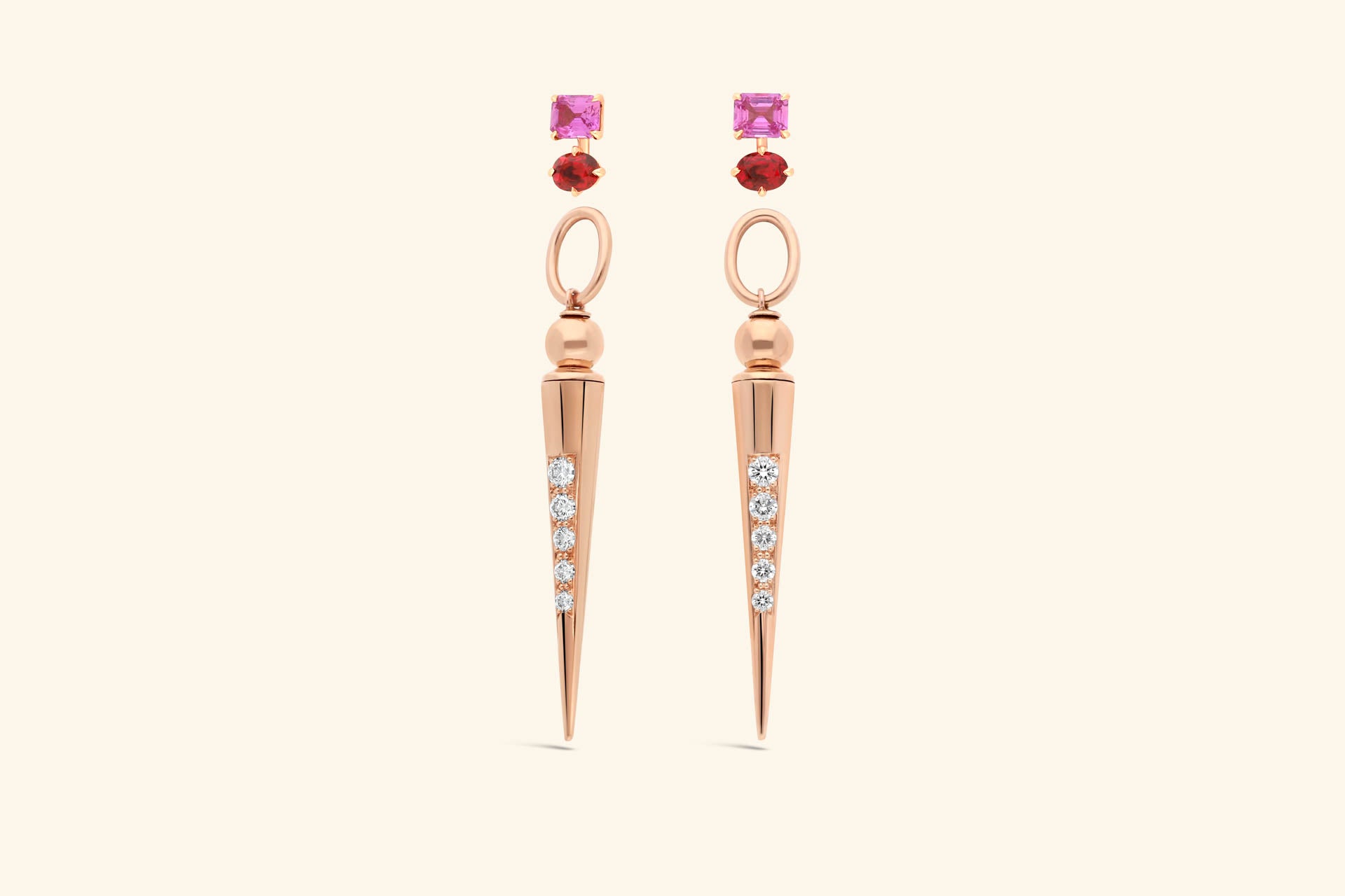 Boucle d'oreille Pampille et stud, or rose, spinelles, diamants