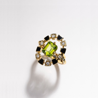 Bague Frame, or jaune, céramique noire, diamants, péridot