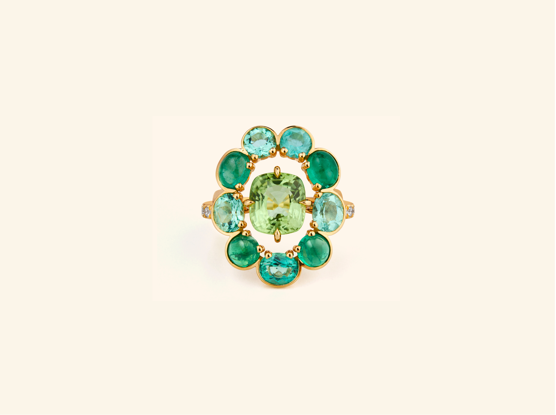 Multicolor Frame ring, yellow gold, green beryls, emeralds, diamonds, peridot