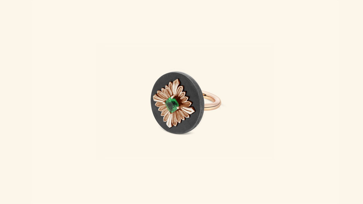 Tag ring, blackened silver, rose gold, tsavorite