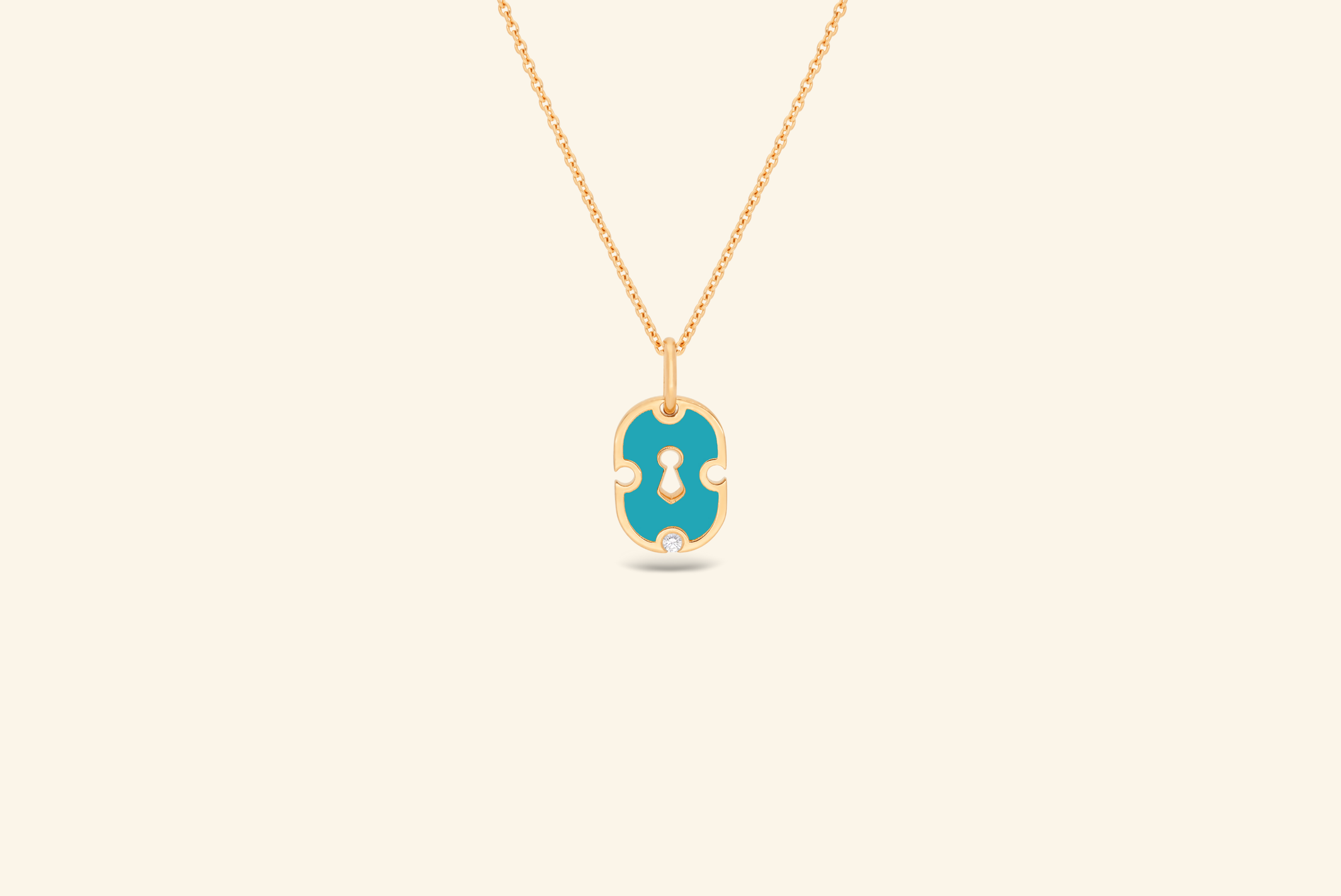 Unlock pendant, small model, yellow gold, turquoise ceramic, diamond