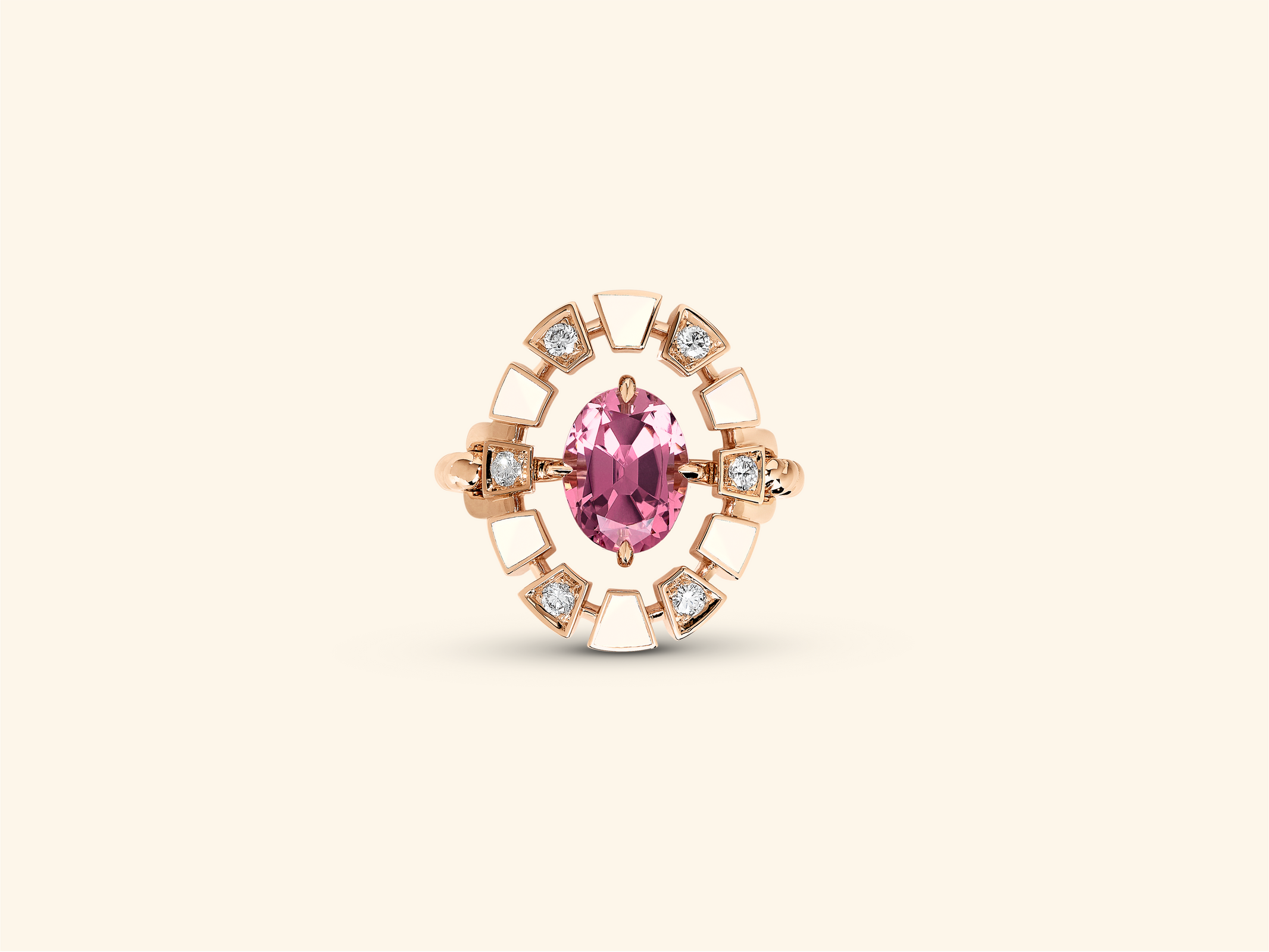Frame ring, rose gold, white lacquer, diamonds, pink tourmaline