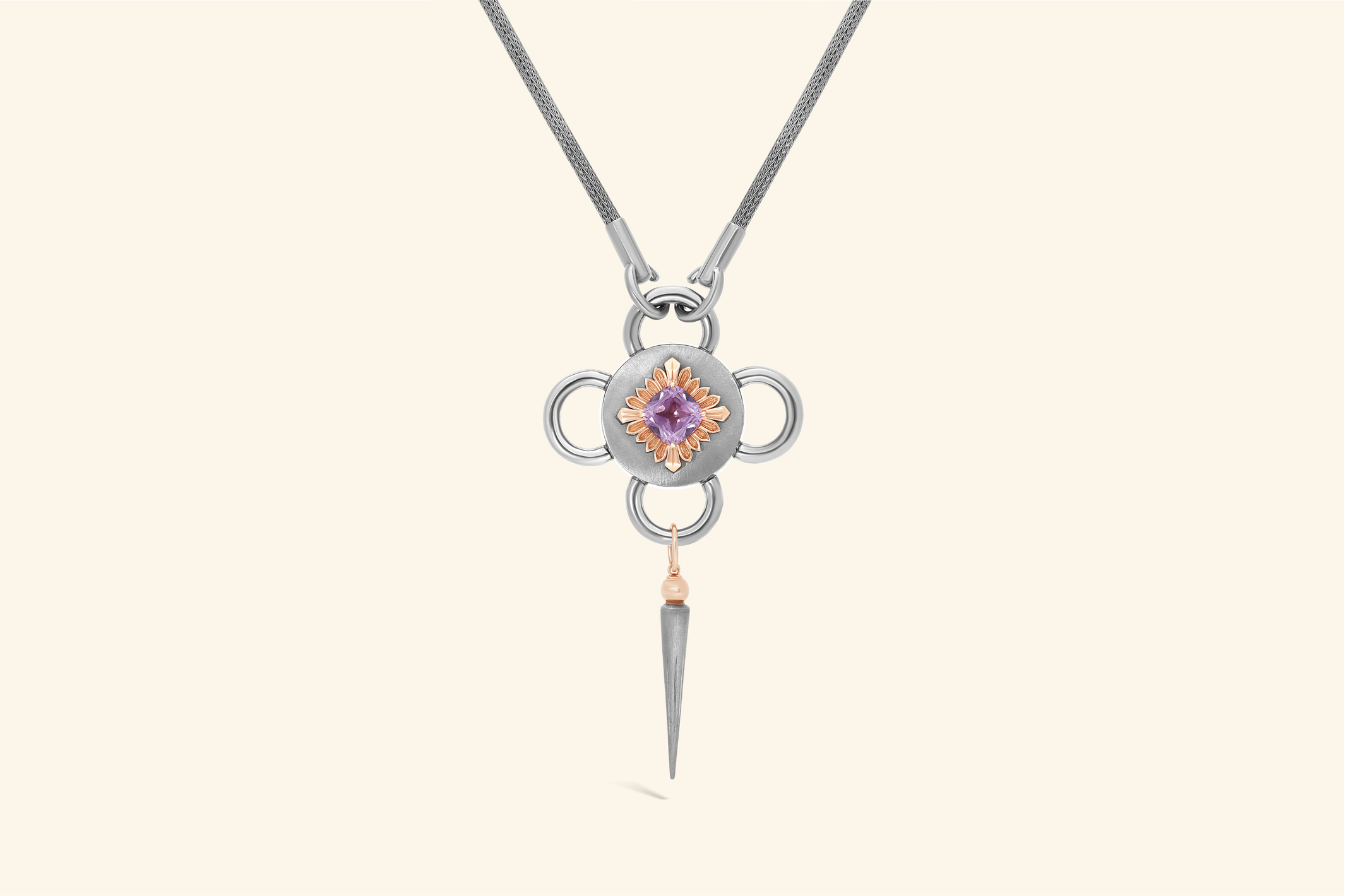 Bolt necklace, blackened silver, rose gold, amethyst