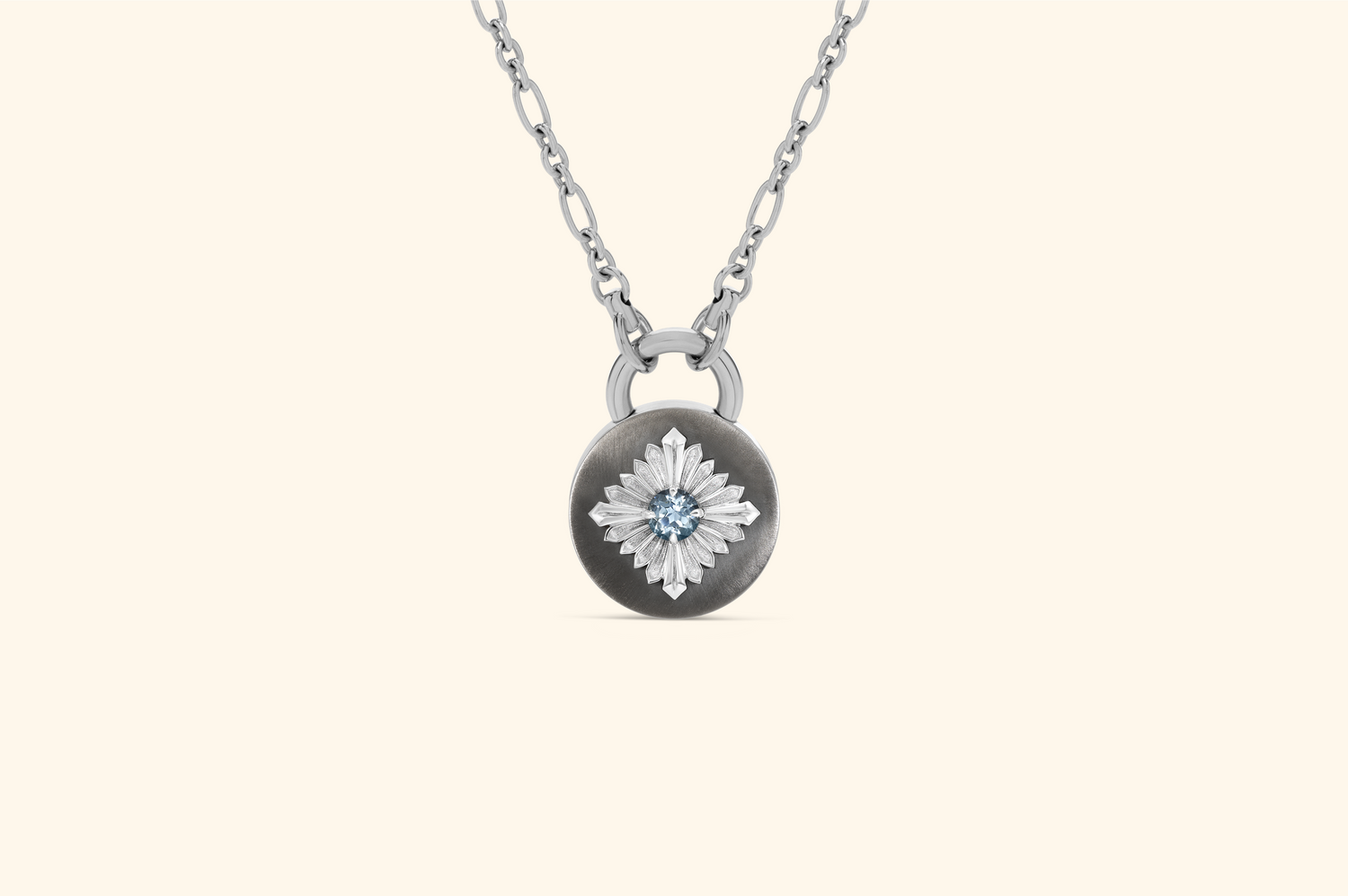 Tag necklace, blackened silver, silver, aquamarine