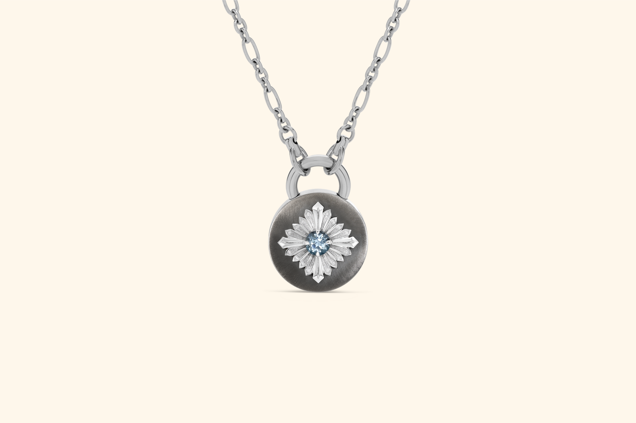 Tag necklace, blackened silver, silver, aquamarine