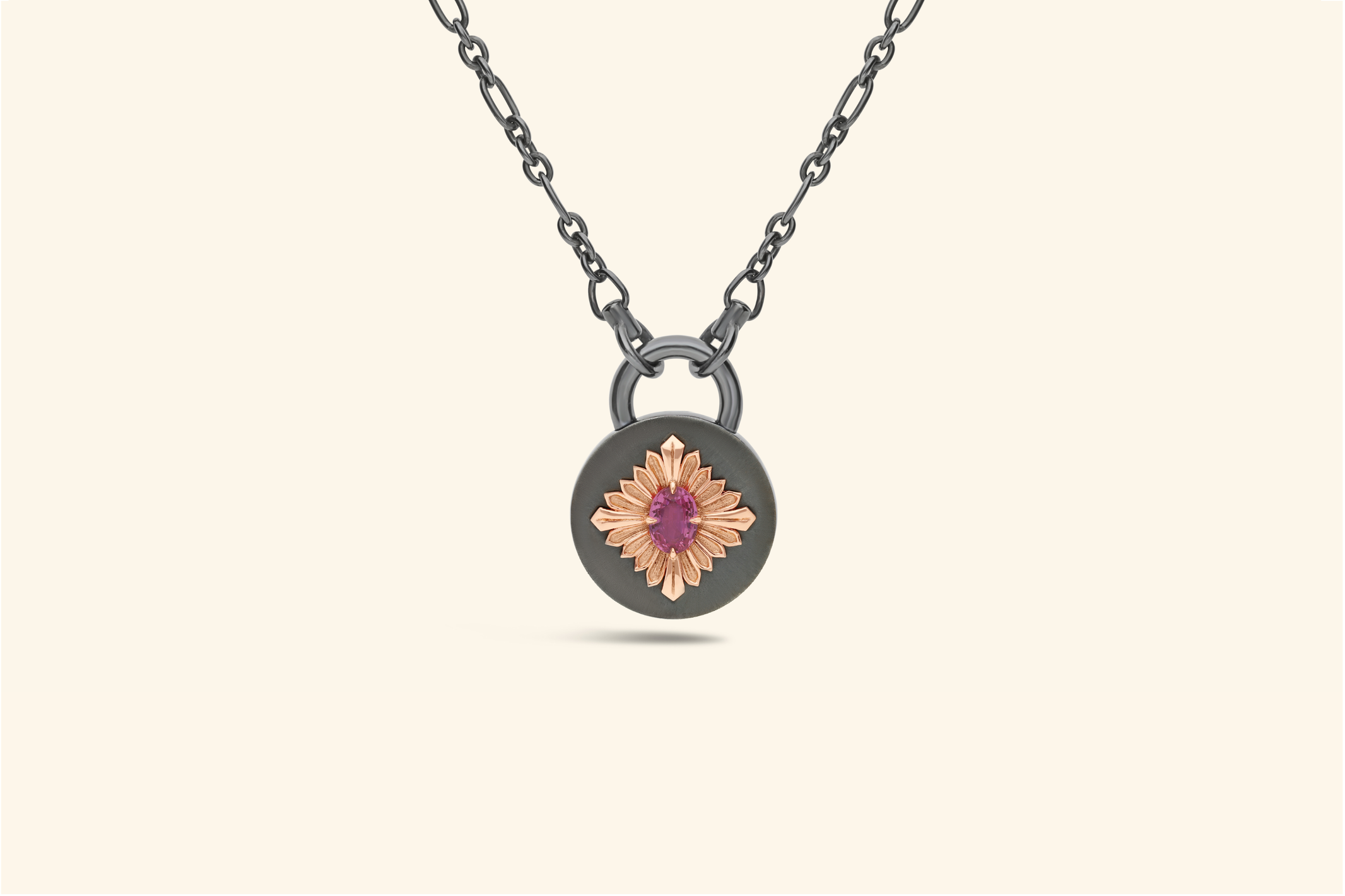 Tag necklace, blackened silver, rose gold, pink sapphire