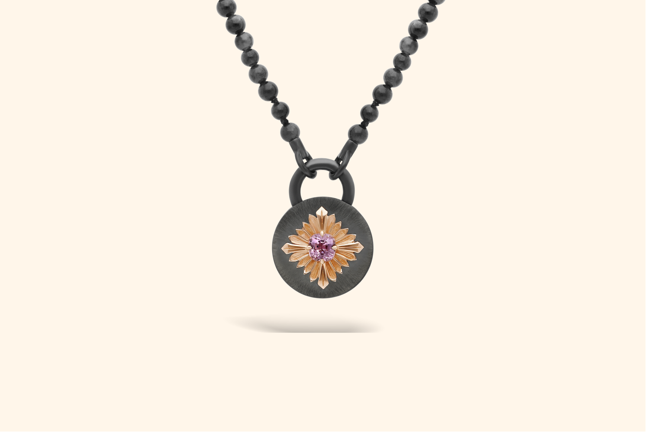 Tag necklace, blackened silver, rose gold, pink spinel, grey jade
