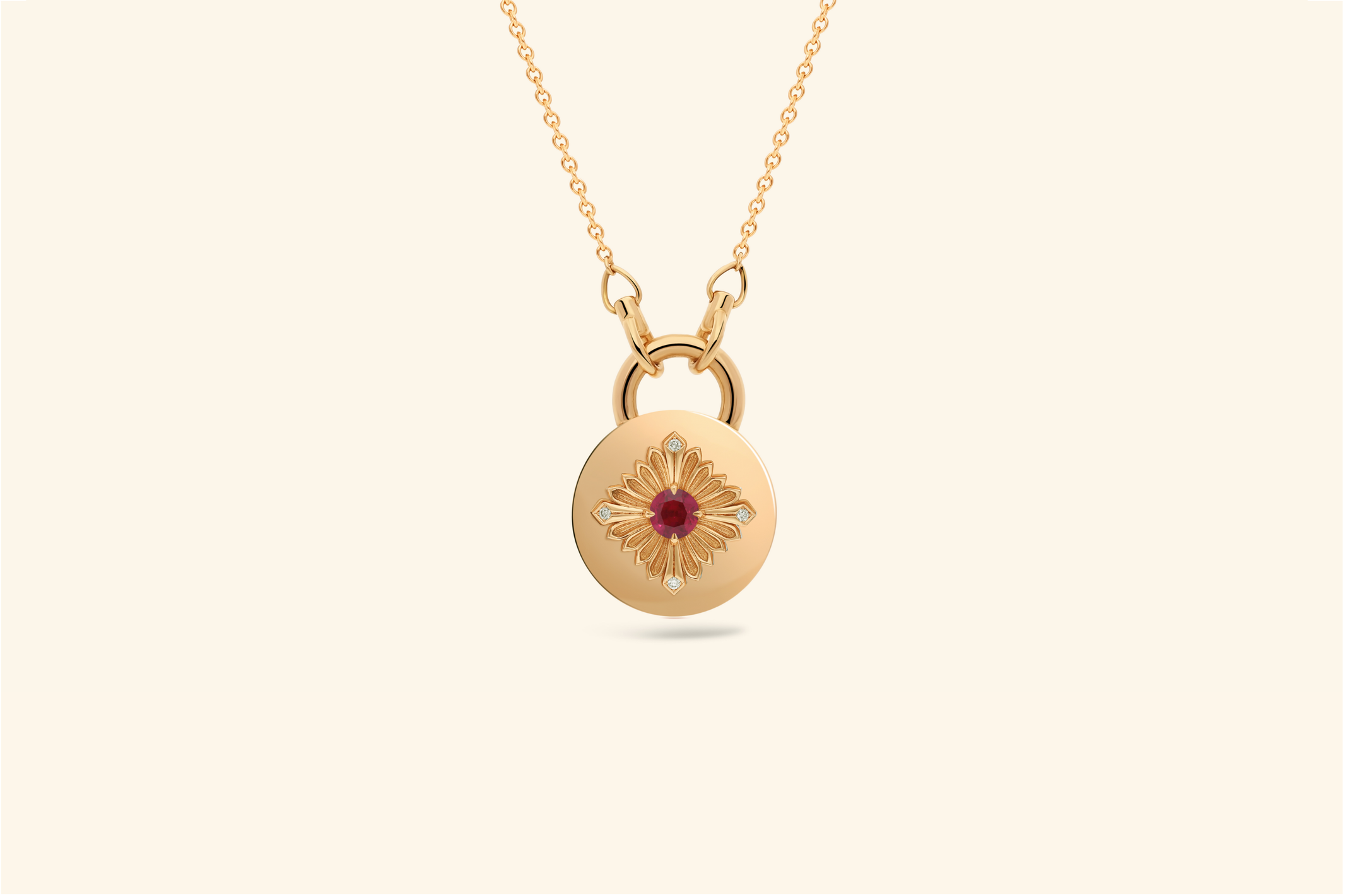 Tag necklace, yellow gold, diamonds, rubies