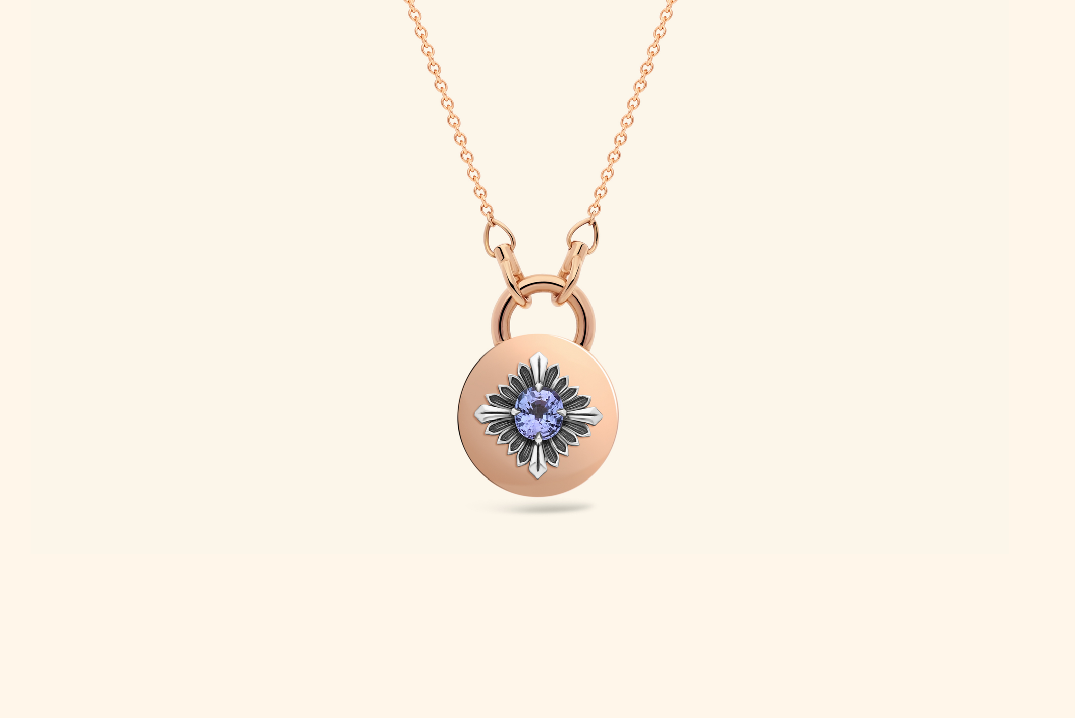 Tag necklace, rose gold, blackened silver, tanzanite