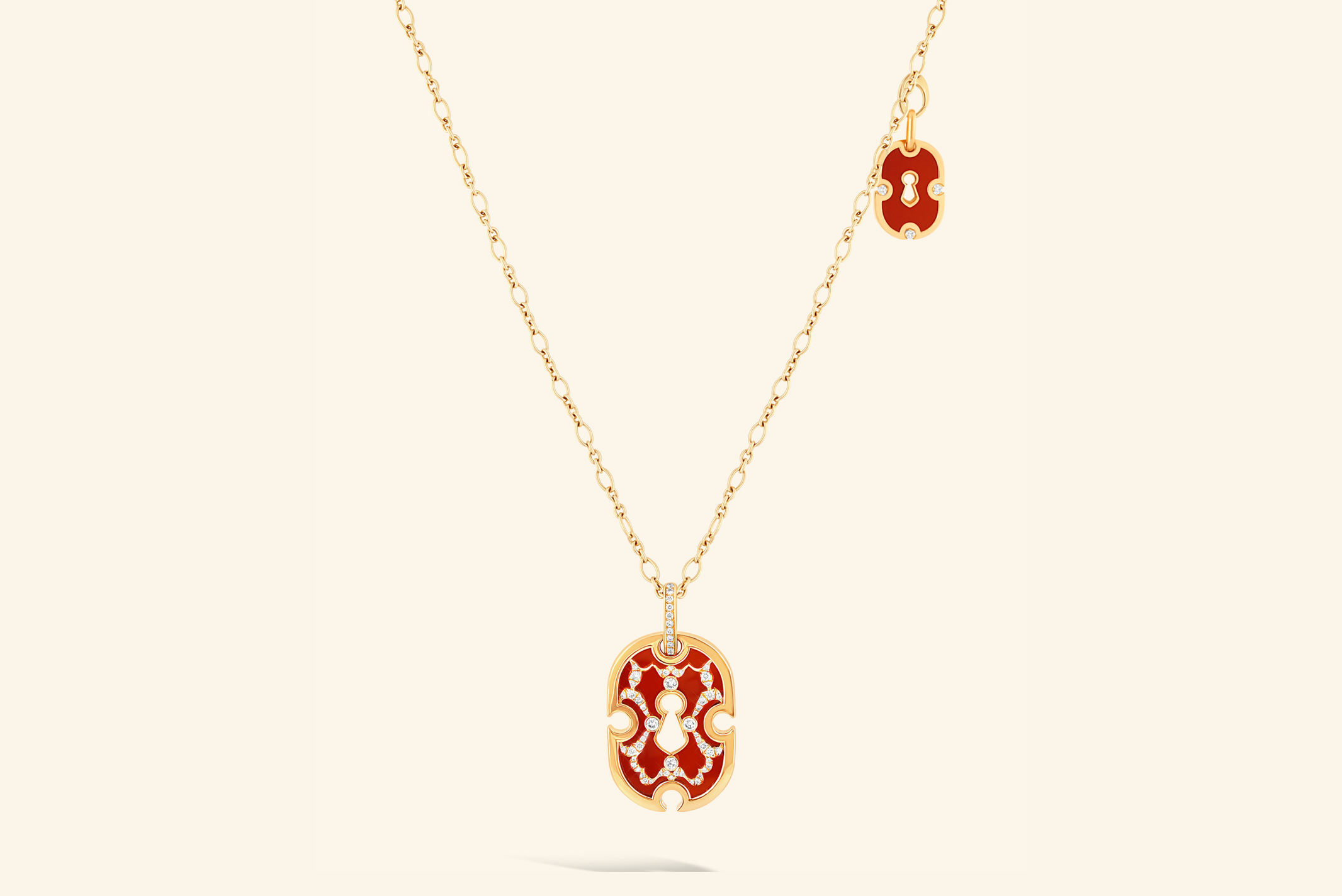 Unlock pavé long necklace, yellow gold, red carnelian, diamonds
