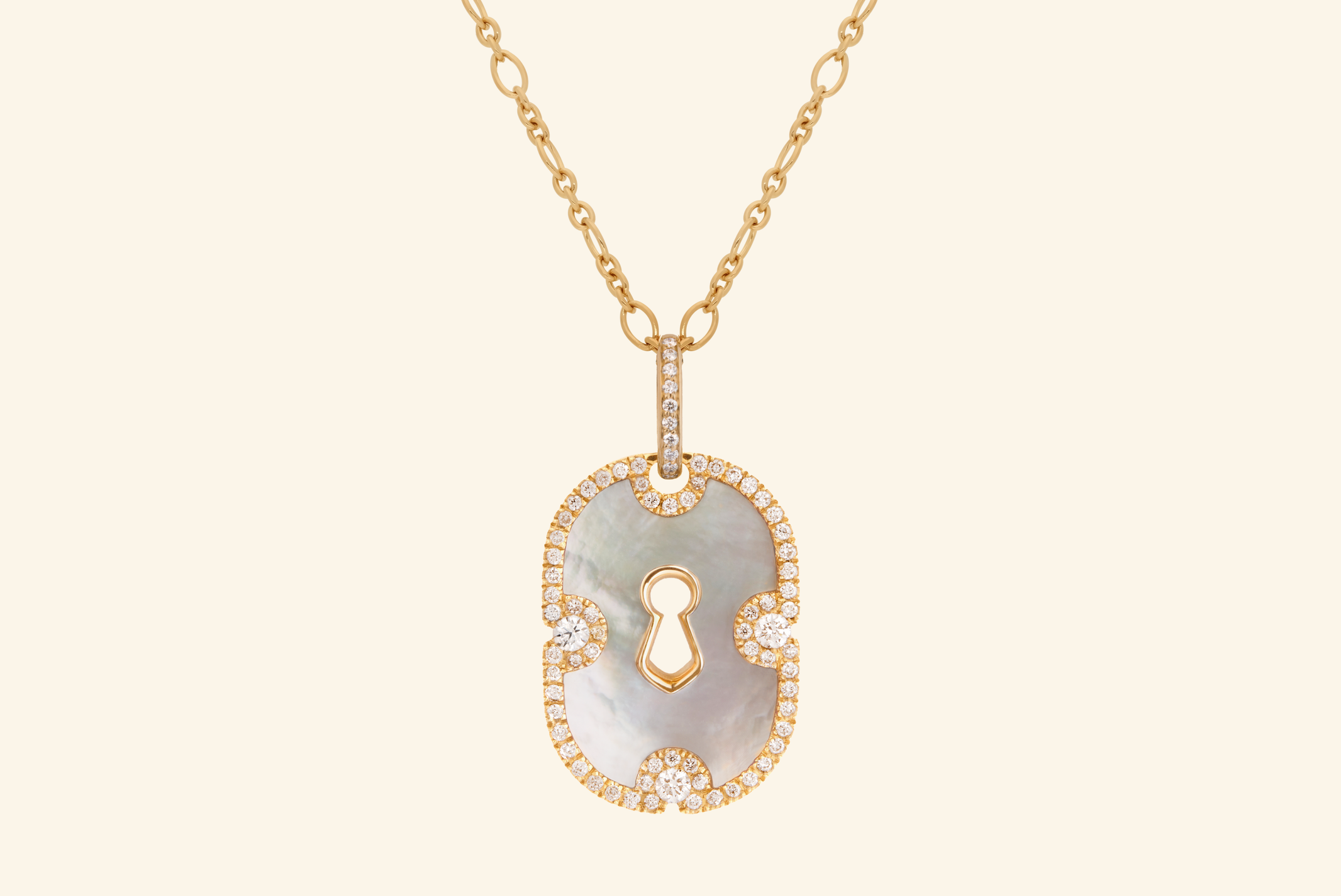 Unlock pavé long necklace, yellow gold, white mother-of-pearl, diamonds