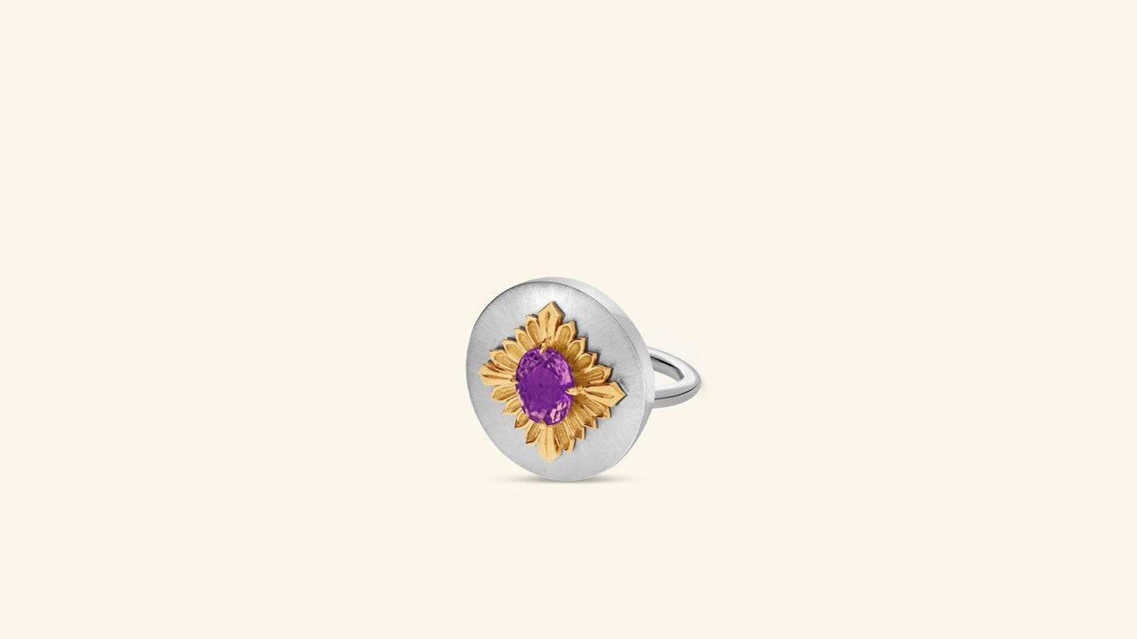 Tag ring, silver, gold, amethyst