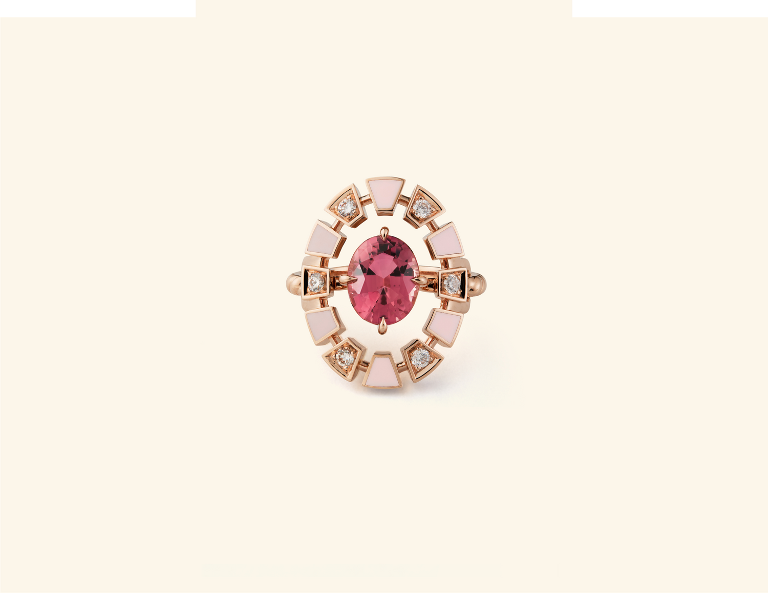 Frame ring, rose gold, pink lacquer, diamonds, pink tourmaline