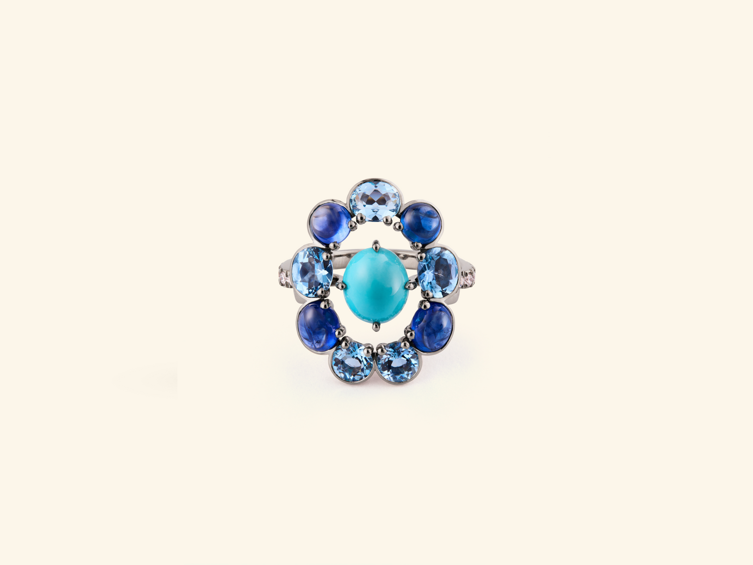 Multicolour frame, white gold, turquoise, coloured stones, diamonds